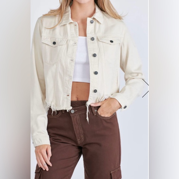 Hidden Jackets & Blazers - HIDDEN JEANS Rebel Fray Hem Denim Trucker Jacket in Cream, Sz L